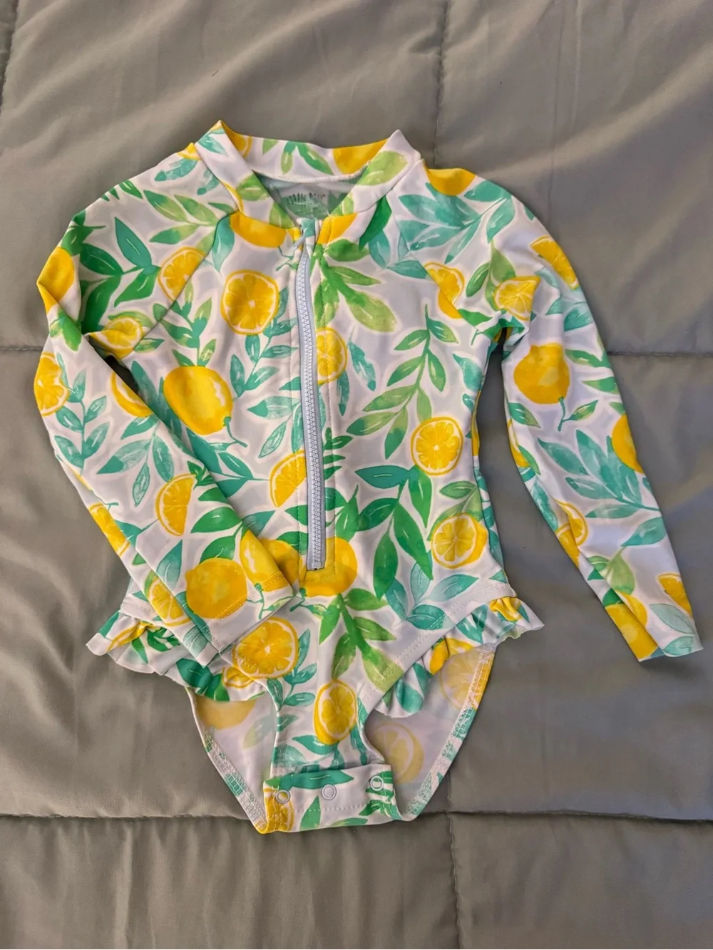 Little Me Lemon Print Long Sleeve One-Piece Swimsuit - Yellow & Green